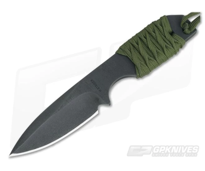 M. Strider Knives WP Hand Ground Spear Point Black ATS-34 Green Paracord Wrap 057