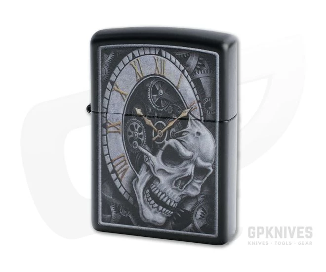 Zippo Lighter Matte Black Skull Clock Design